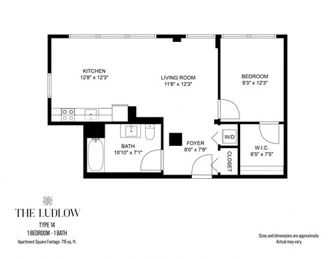 Floor plan for 1 bed, 1 bath, 709 sqft